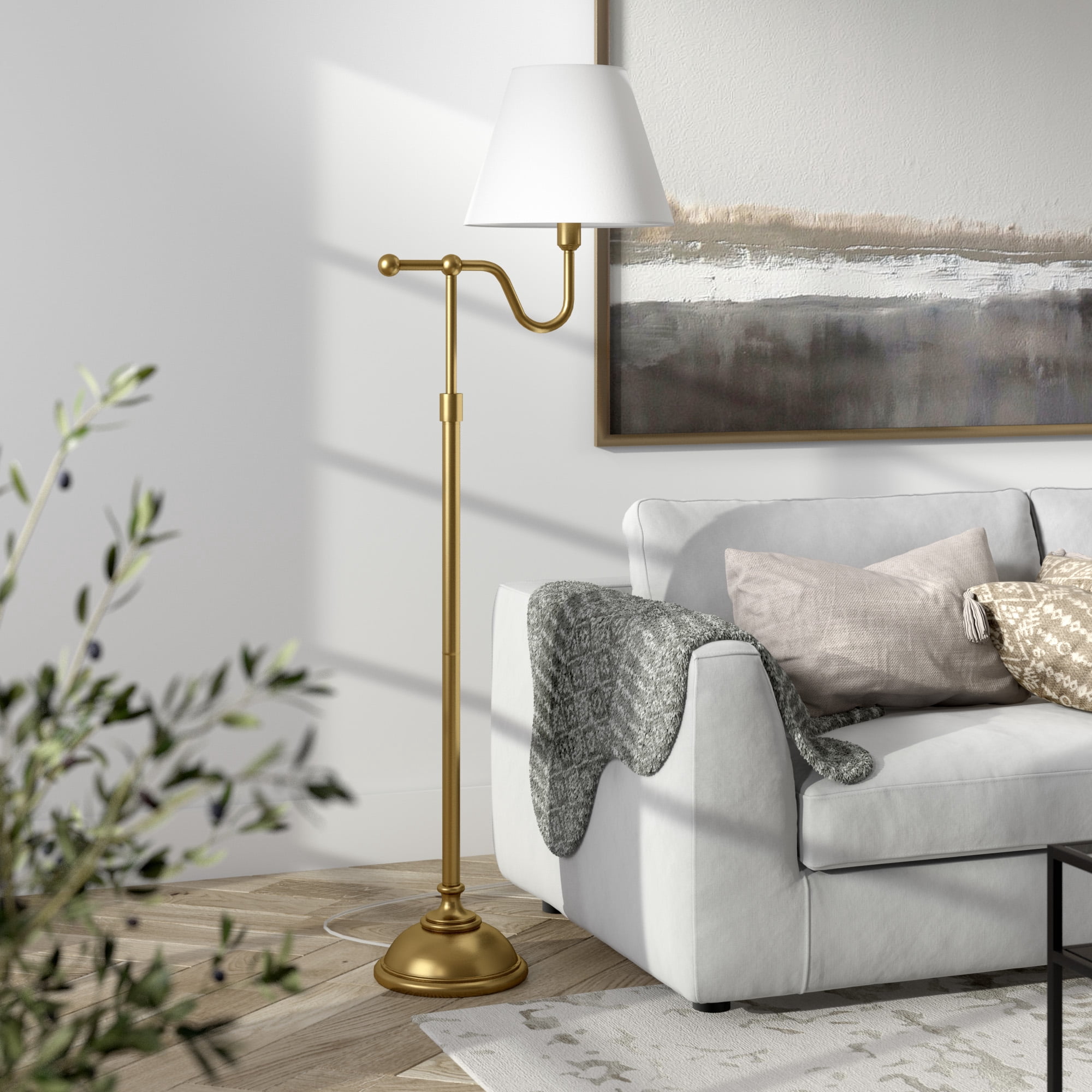 Evelyn&Zoe Wellesley 63" Tall Floor Lamp with Fabric Shade, Brass/White