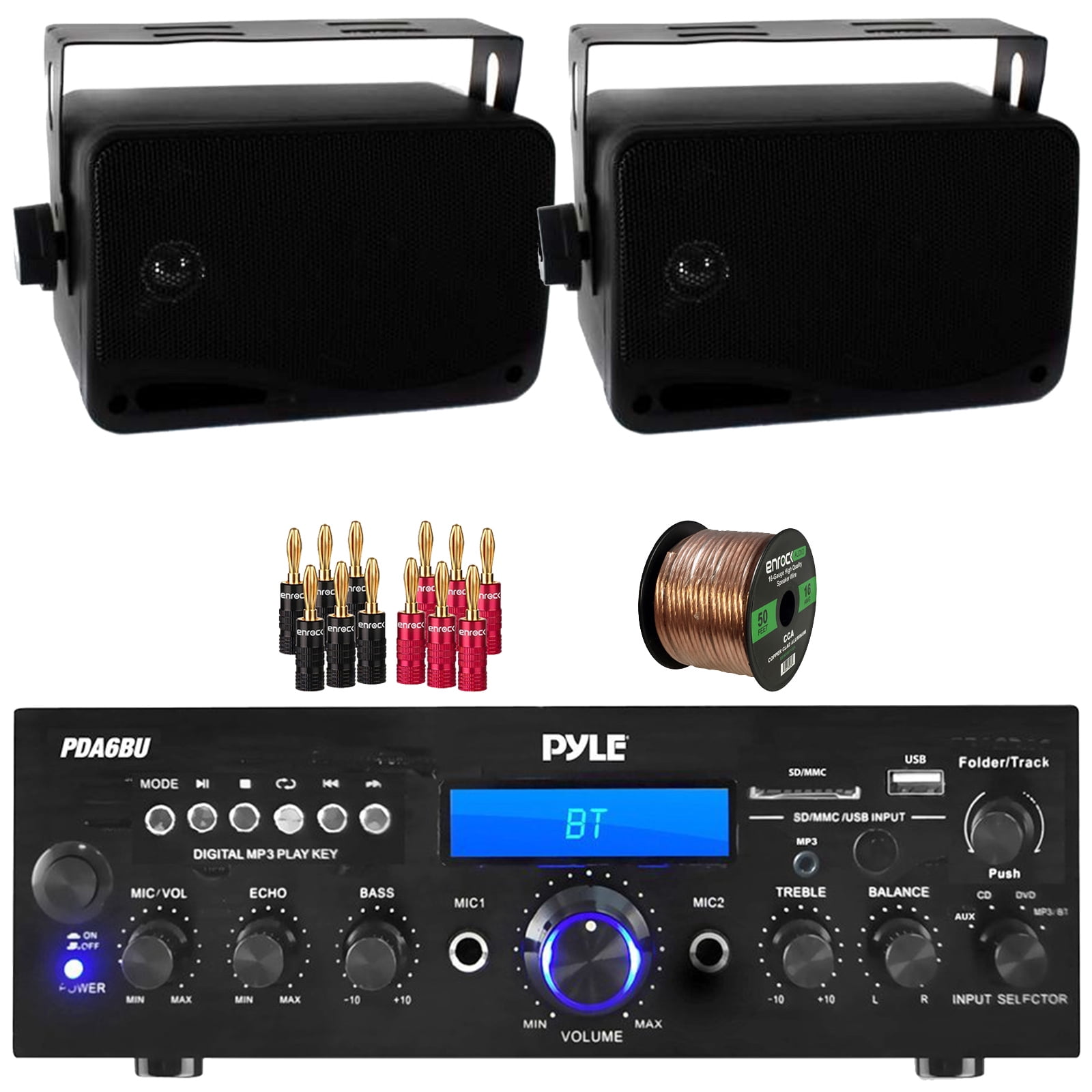 Pyle PDA6BU 200-Watt Bluetooth USB/AUX Home Audio Stereo Receiver, 2x Pyle PLMR24B 3.5'' 200 Watt Max 3-Way Indoor/Outdoor Wall Mount Black Audio Speakers, Banana Plugs, 50 Feet 16 Gauge Speaker Wire