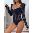 thumbnail image 6 of Women'S Sheer Floral Lace Long Sleeve Bodysuit Top Sweetheart Neck Bodysuit Dark Blue L, 6 of 9