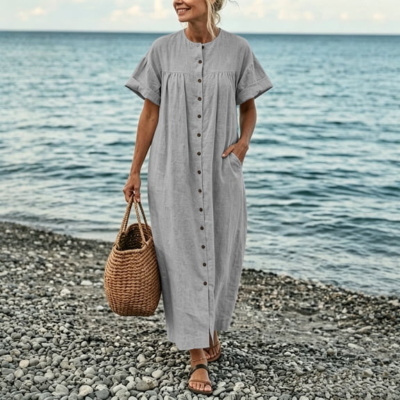 Aimik Womens Long Maxi Dress Button Down Short Sleeve Baggy Shirt Dress with Pockets Loose Comfort Dress for Summer Beachwear