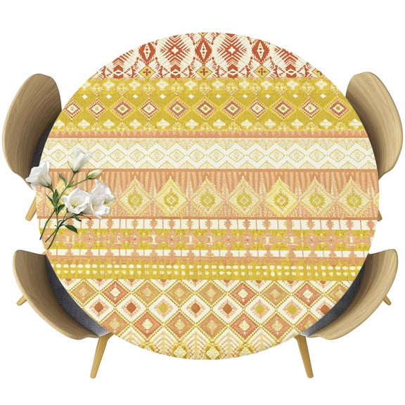 Yellow Khaki Boho Round Tablecloth, Fitted Table Cover with Elastic for 45"-54" Round Tables, Vintage Ethnic Tribe Abstract Art Table Cloth Outdoor Indoor Dinning Party Waterproof Tablecloths