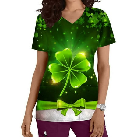 

PEONAVET St. Patrick s Day Scrub Tops Women s Short Sleeve V-neck Tops UniformSt. Patrick s Day Printed Pockets Blouse Nursing - Savings Clearance