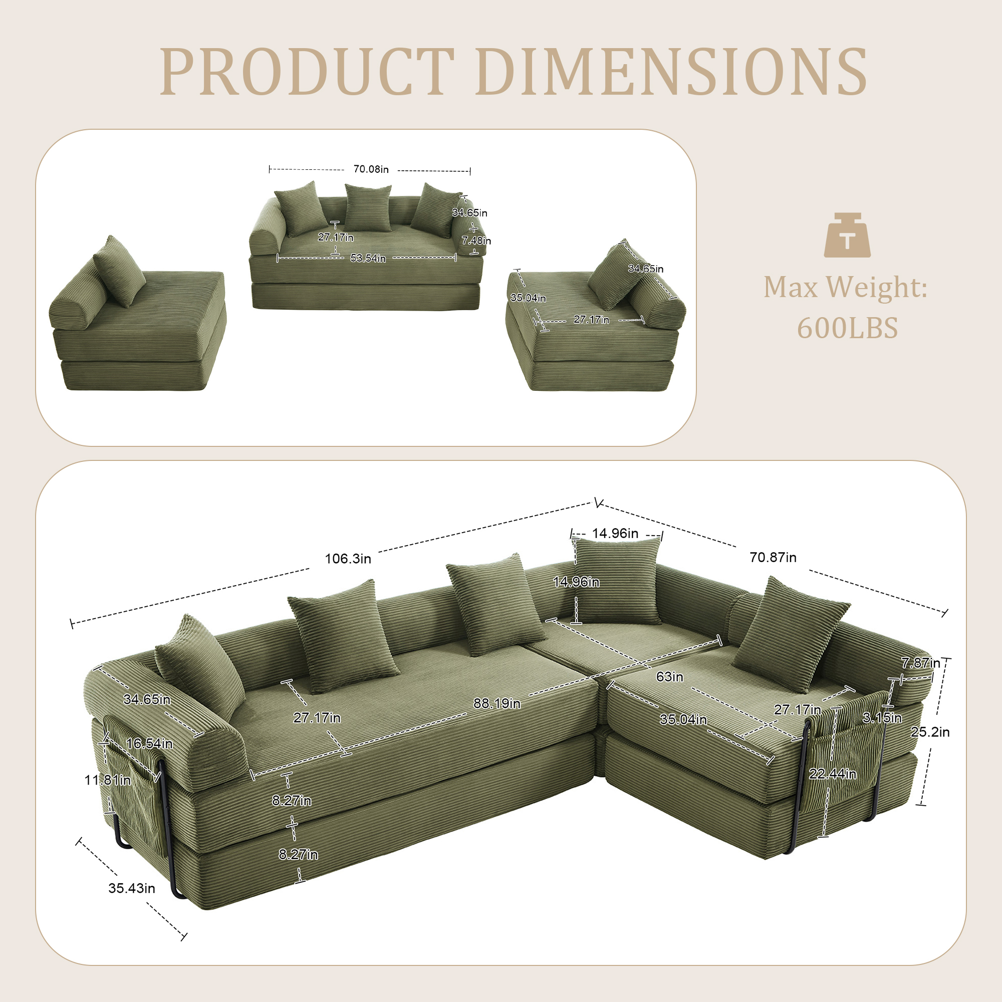 MOONMISS Corduroy Upholstered Convertible Folding Sofa Bed with Fixed Frame and Pillow Back Handrail-Olive Green