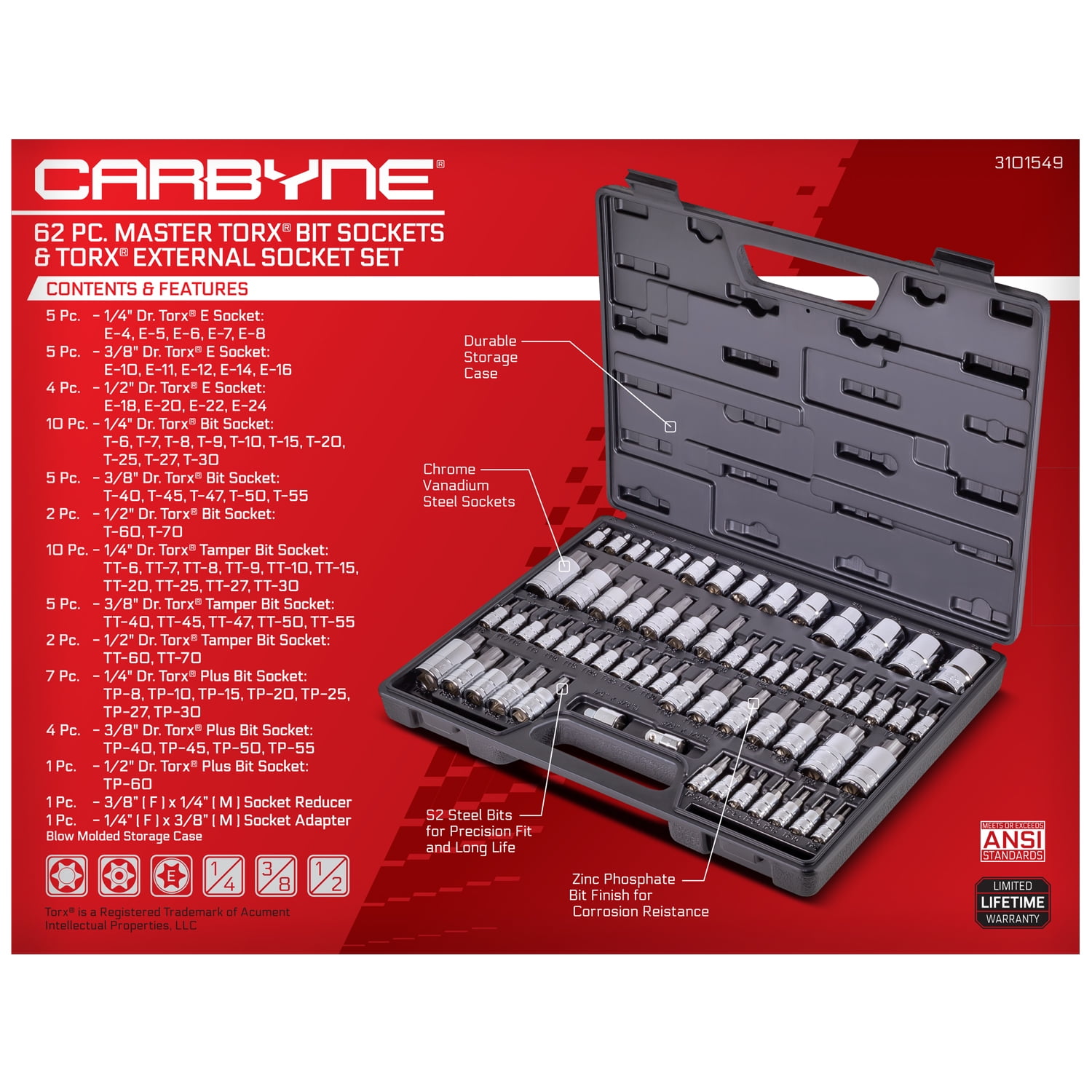 CARBYNE 62 Piece Master Torx Bit Socket Set & Torx External Socket Set, S2 Steel Bits, Cr-V Sockets, 1/4", 3/8" & 1/2" Dr., with Durable Case