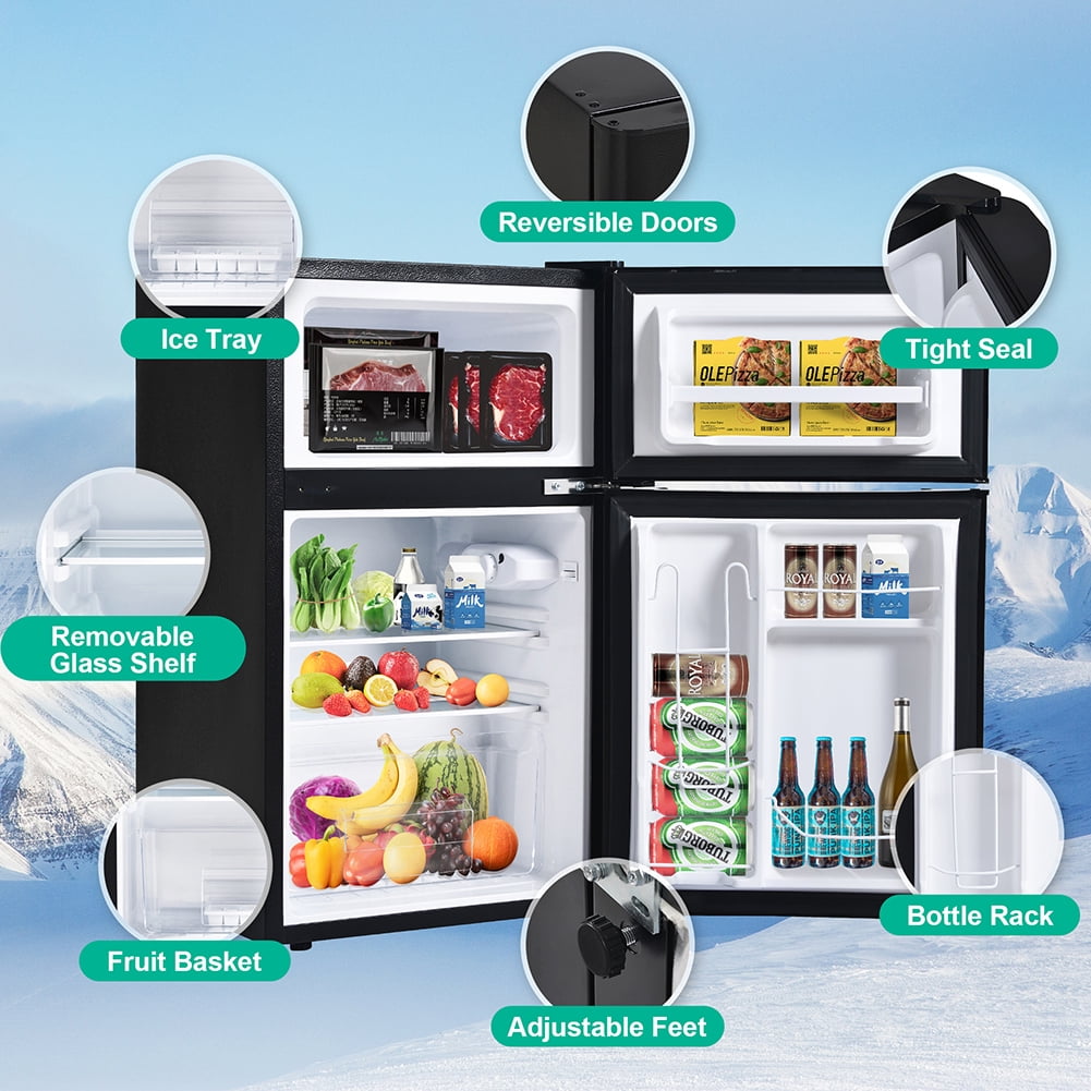 Resenkos Two-Door Mini Refrigerator 3.2Cu.Ft, Freestanding Mini Fridge with Freezer and Reversible Door, 7-Level Thermostat Control, Black Resenkos Two-Door Mini Refrigerator 3.2Cu.Ft, Freestanding Mini Fridge with Freezer and Reversible Door, 7-Level Thermostat Control, Black