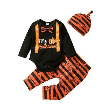 

Canrulo My First Halloween Newborn Baby Girls Boys Clothes Outfits Romper Bodysuit Pumpkin Long Pants Hat Black 3-6 Months