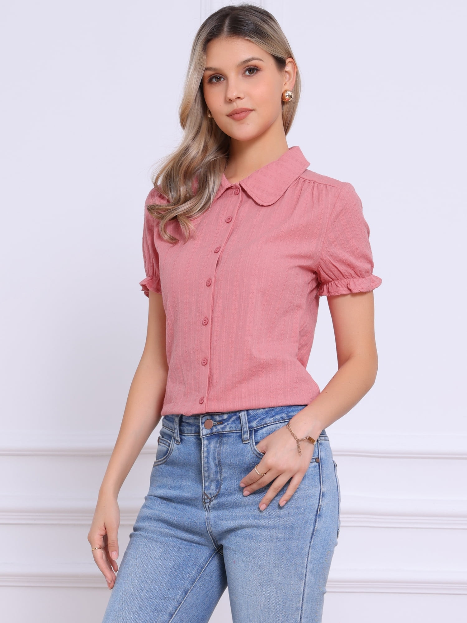 DARING DIVA Women's Collar Shirt Cotton Short Sleeve Button Down Shirt M Dark Pink