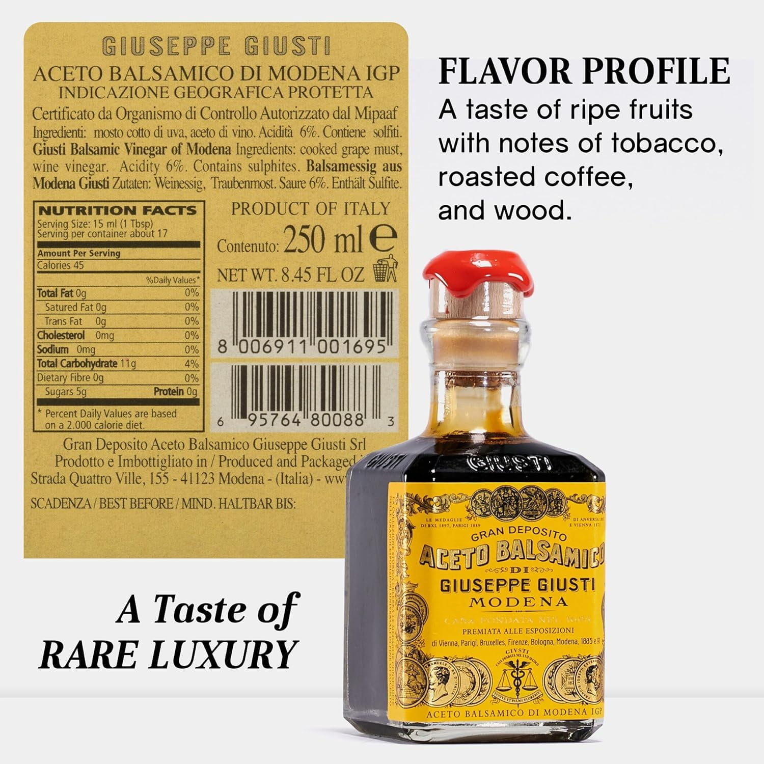 Giusti Balsamic Vinegar of Modena IGP – Extra Thick & Rich Aceto Balsamico di Modena, Matured in Traditional Aging Casks - 4 Gold Medals, Made in Italy, in Gift Box - 8.45 fl oz (250 ml) - Pack of 1