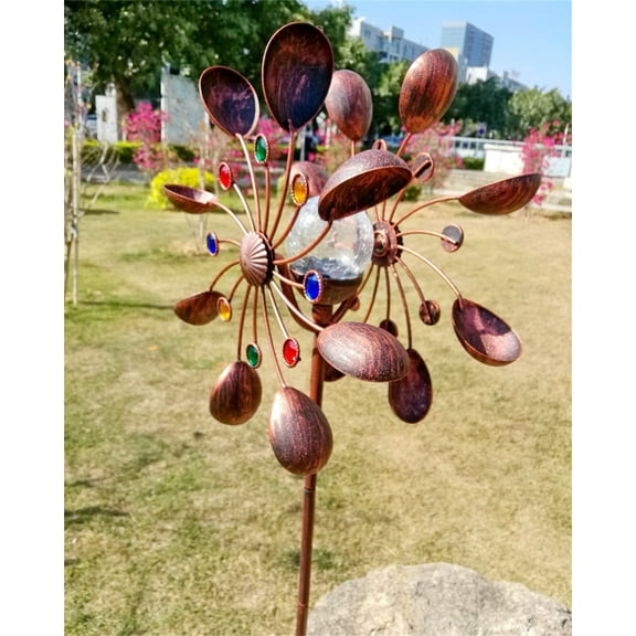 Xecvkr Large Metal Wind Spinner Solar LED Outdoor Garden Sculpture Antique Bronze Double Blade Kinetic Stake Weatherproof 59in Easy Install 1pc