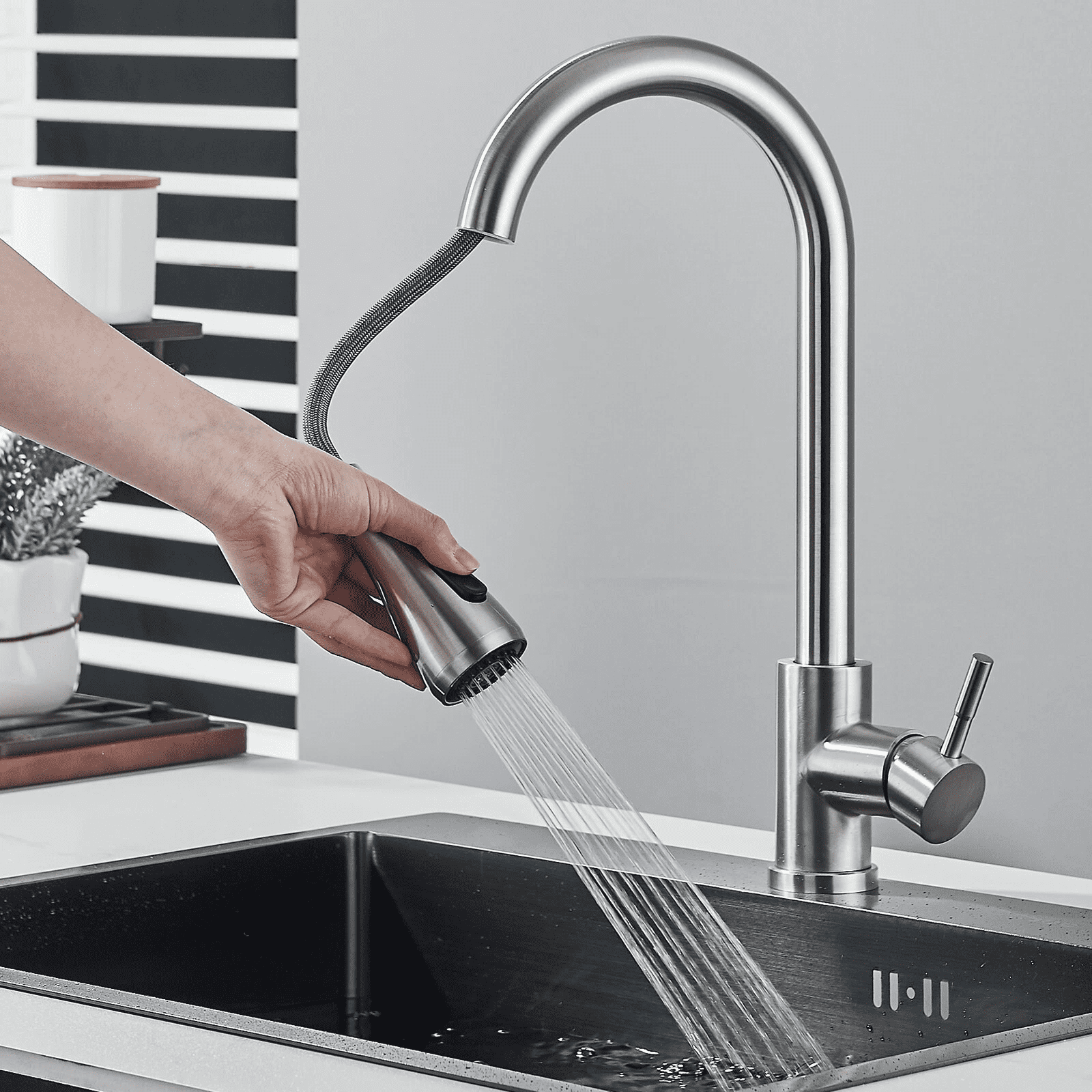 Zovajonia Kitchen Faucet with Pull Down Sprayer, High Arc Brushed Nickel Single Handle Kitchen Sink Faucet,  3 Mode(Stream/Spray/Pause), 360° Swivel
