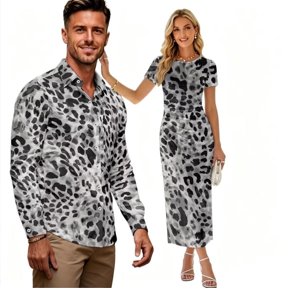 Psesaysky Grey Leopard Print Couple Matching Clothes Hawaii Luau Party Outfit Elegant Guest Shirts and Dress for Husband and Wife Matched Date Outfit Zipper Dress Shirts or Pencil Mesh Dress,S-3XL