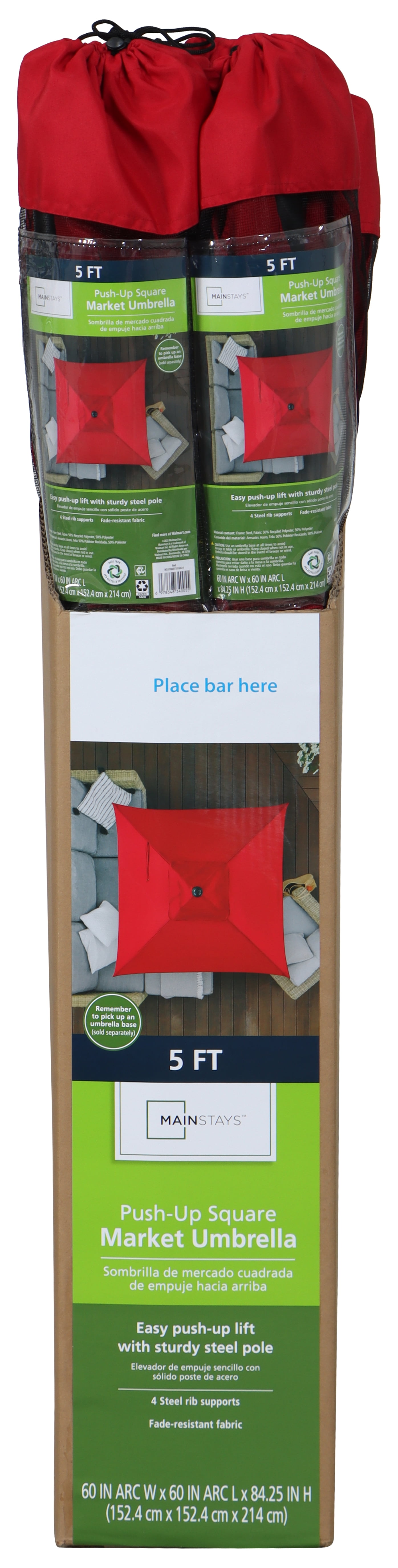Mainstays 5ft Square Red Market Patio Umbrella, Push-Up