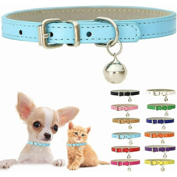 Dog Collar with Bell, Soft Pu Leather Cat Collars Adjustable Buckle for XS Extra Small Medium Tiny Female Male Boys Girls Pets Puppy Kitten Teacup Yorki