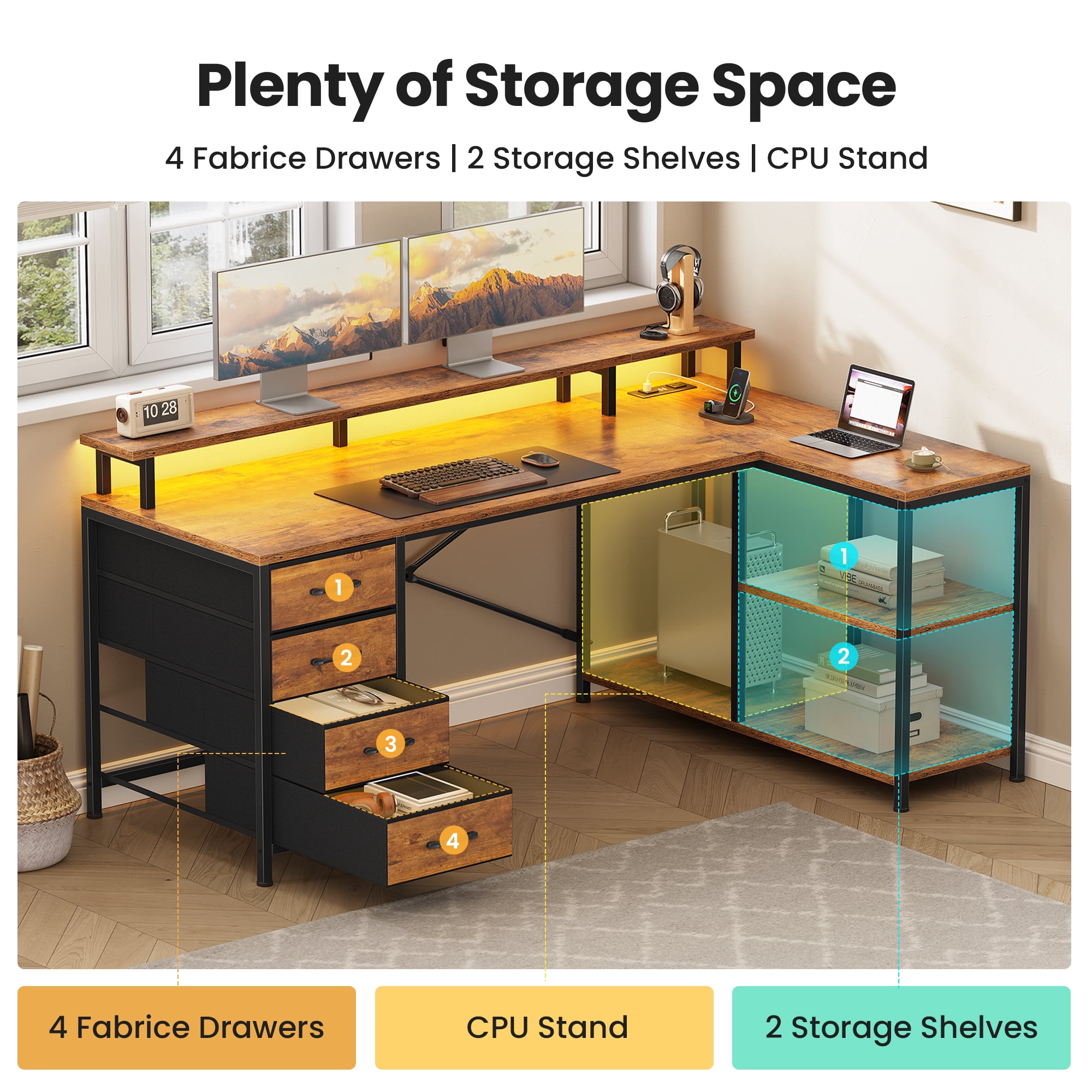 47" Gaming Desk with Power Outlets & LED Lights, L Shaped Desk with Fabric Drawers & CPU Stand, Corner Computer Desk with Open Shelves for Small Space, Rustic Brown