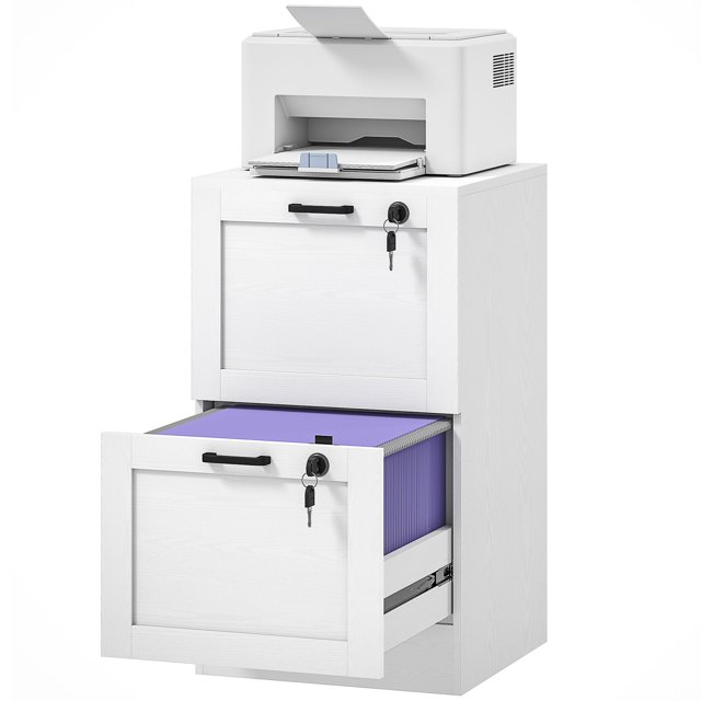 White Vertical File Cabinet with 2 Lockable Drawers, MDF Office Storage Cabinet for A4 & Letter Size Files, Compact Printer Stand for Home Office, Workspace, 15.7"W x 15.7"D x 28"H