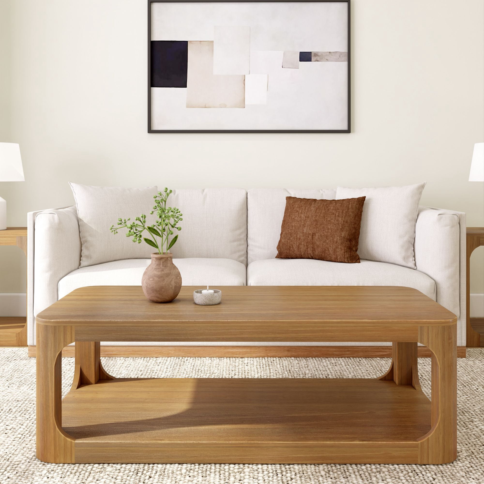 Plank+Beam Solid Wood Forma Coffee Table, 54" Modern Coffee Table with Storage Shelf, Pecan