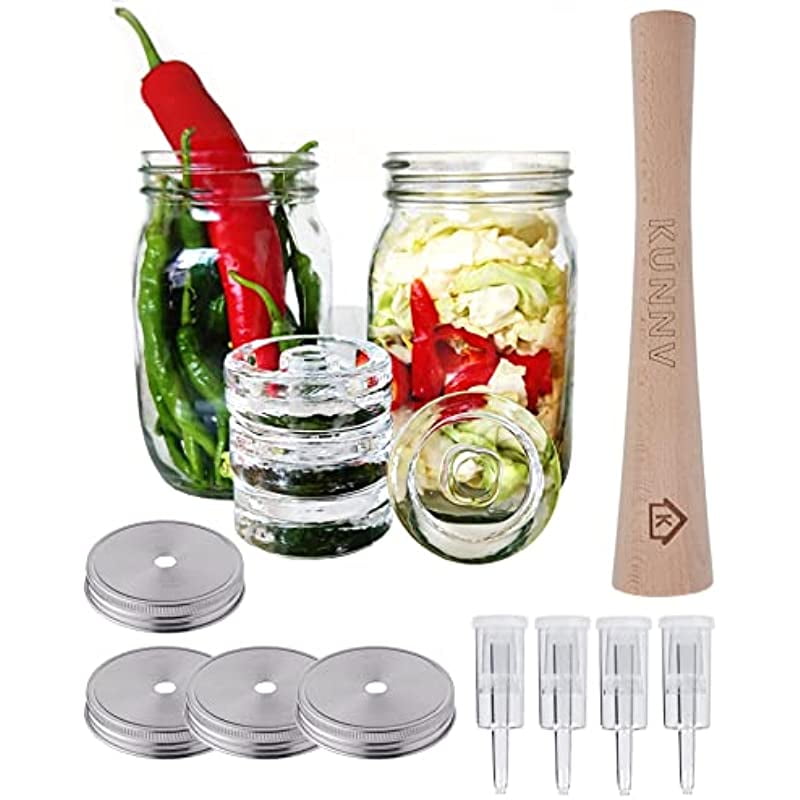 Complete Mason Jar Fermentation Kit Sauerkraut Pounder + 4pc Glass