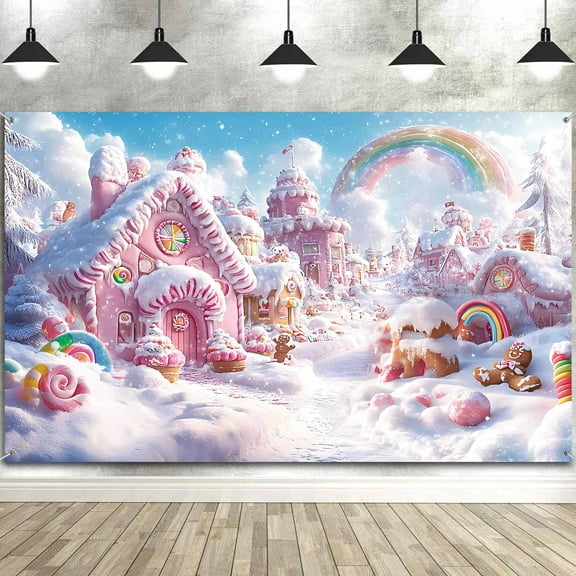 7x5ft Christmas Candy House Backdrop Sweet White Clouds Candy Cane Snowhouse Xmas Fairy Tale Town Background Winter Merry Xmas Snow Scene Lollipop Candyland Party Decorations Photo Studio Props