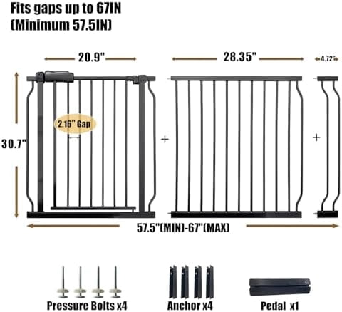 Extra Wide 62-67 Inch Baby Gates for Stairs, Doorways - No Drilling, Pressure Mounted Pet Gates for Kids & Dogs