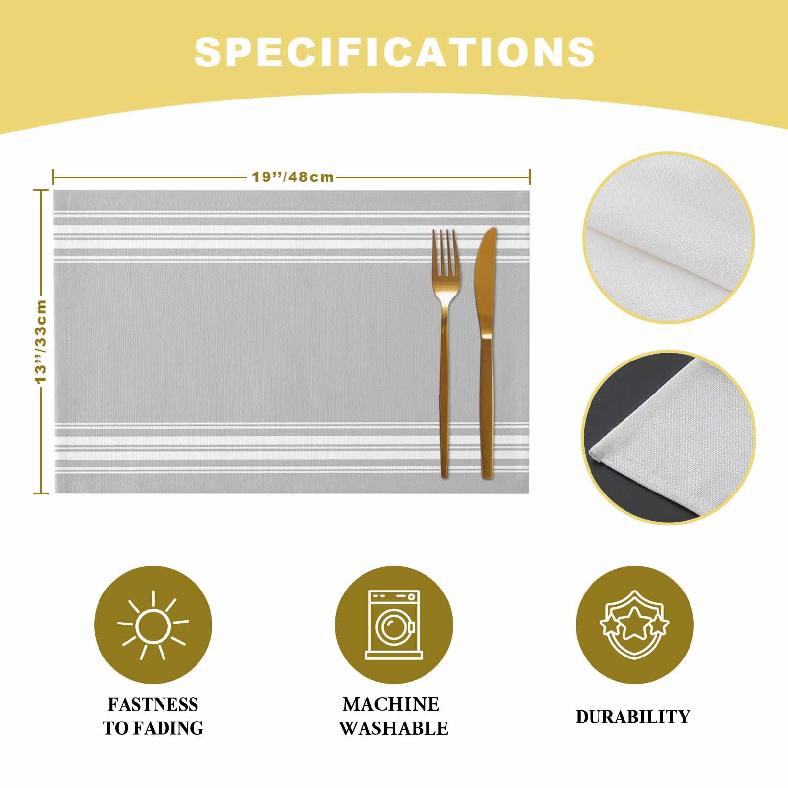 Grey Striped Placemats Set of 4, Luxurious White Stripes Modern Abstract Art Placemats for Dining Table, Place Mats for Kitchen Tabletop, Waterproof Wipeable Dining Table Mats Set
