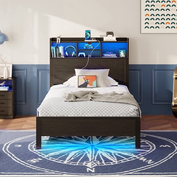 Greenstell Twin Bed Frame with Bookshelf Headboard - Metal Platform Bed with Charging Station, LED Bed Frame, Easy Assembly, Noise-Free, Adult, Black