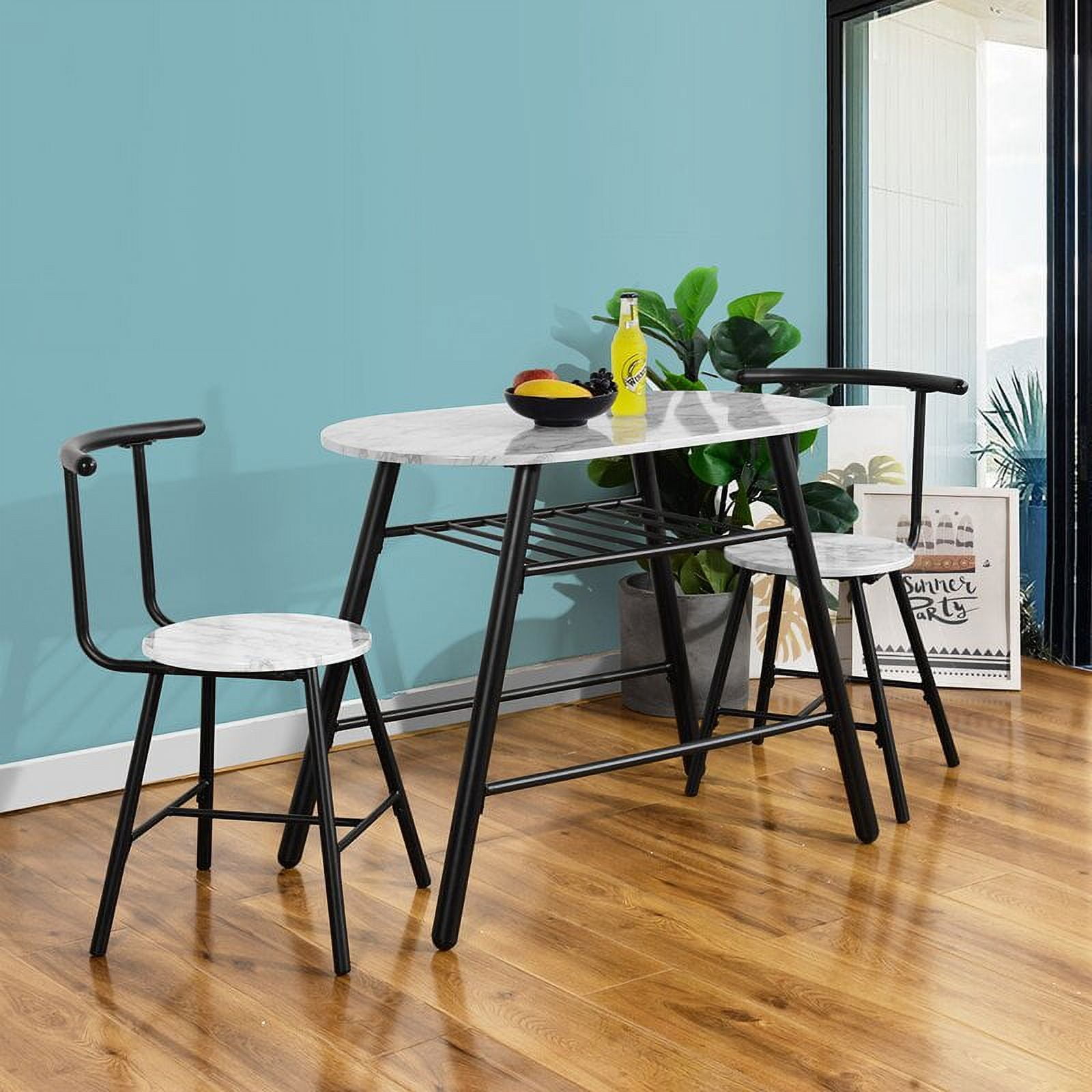 Private Jungle Dining Set Compact 2 Chairs and Table Set with Metal Frame and Shelf Storage Bistro Pub Breakfast Space Saving - marble & white Private Jungle Dining Set Compact 2 Chairs and Table Set with Metal Frame and Shelf Storage Bistro Pub Breakfast Space Saving - marble & white
