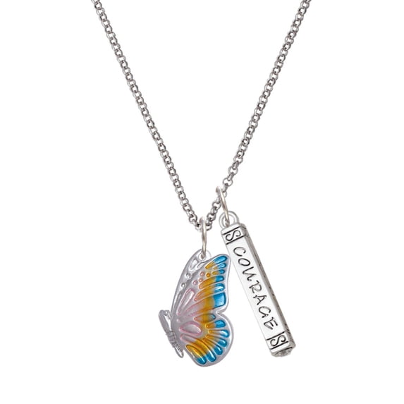 Delight Jewelry Silvertone Large Translucent Pastel Flying Butterfly Silvertone Courage Strength Wisdom Honesty Bar Charm Necklace, 23"