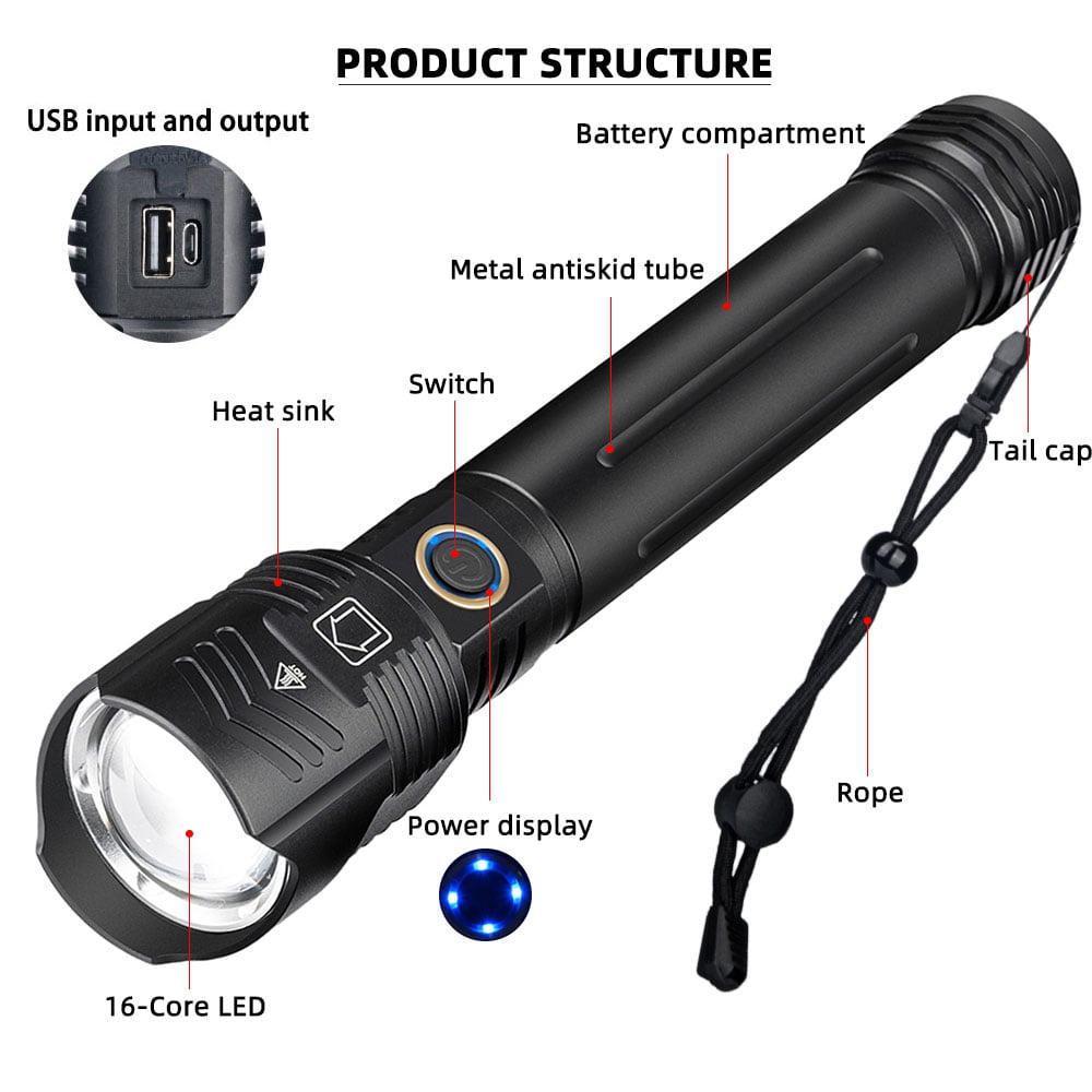 XHP160 16-Core LED Chip Torch Rechargeable Power Flashlight 5 Modes Flashlight 
