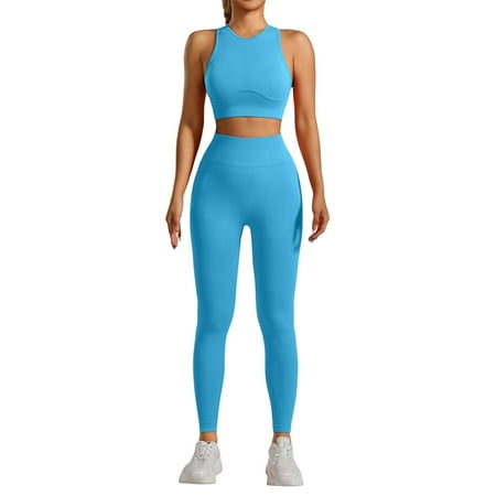 XDDLITP Womens Seamless Workout Sets Two Piece Padded Stretchy Ribbed Sports Bra Sets Matching High Waist Seamless Leggings Gym Work Out Outfits Clothes Blue S
