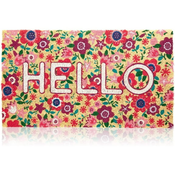 Juvale Natural Spring "Hello" Floral Coir Welcome Doormat for Front Door, 17 x 30 Inches, Ideal for Door Entrance, Backyard, Entryway