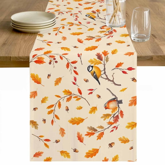 Orange Leaves Fall Table Runner 120 Inches Long Farmhouse Dress Scarves, Birds Branches Pine Cones Dining Tablerunner for Coffee Table/Kitchen Island/Party Décor, 13" x 120"