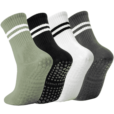 YOMYM 4 Pairs Non Slip Pilates Socks with Grips for Women, Crew Grip Socks for Yoga, Barre, Hospital, Barefoot Workout