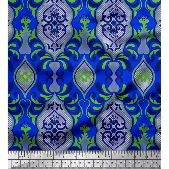 Soimoi Blue Rayon Fabric Filigree Damask Print Sewing Fabric Yard 58 Inch Wide