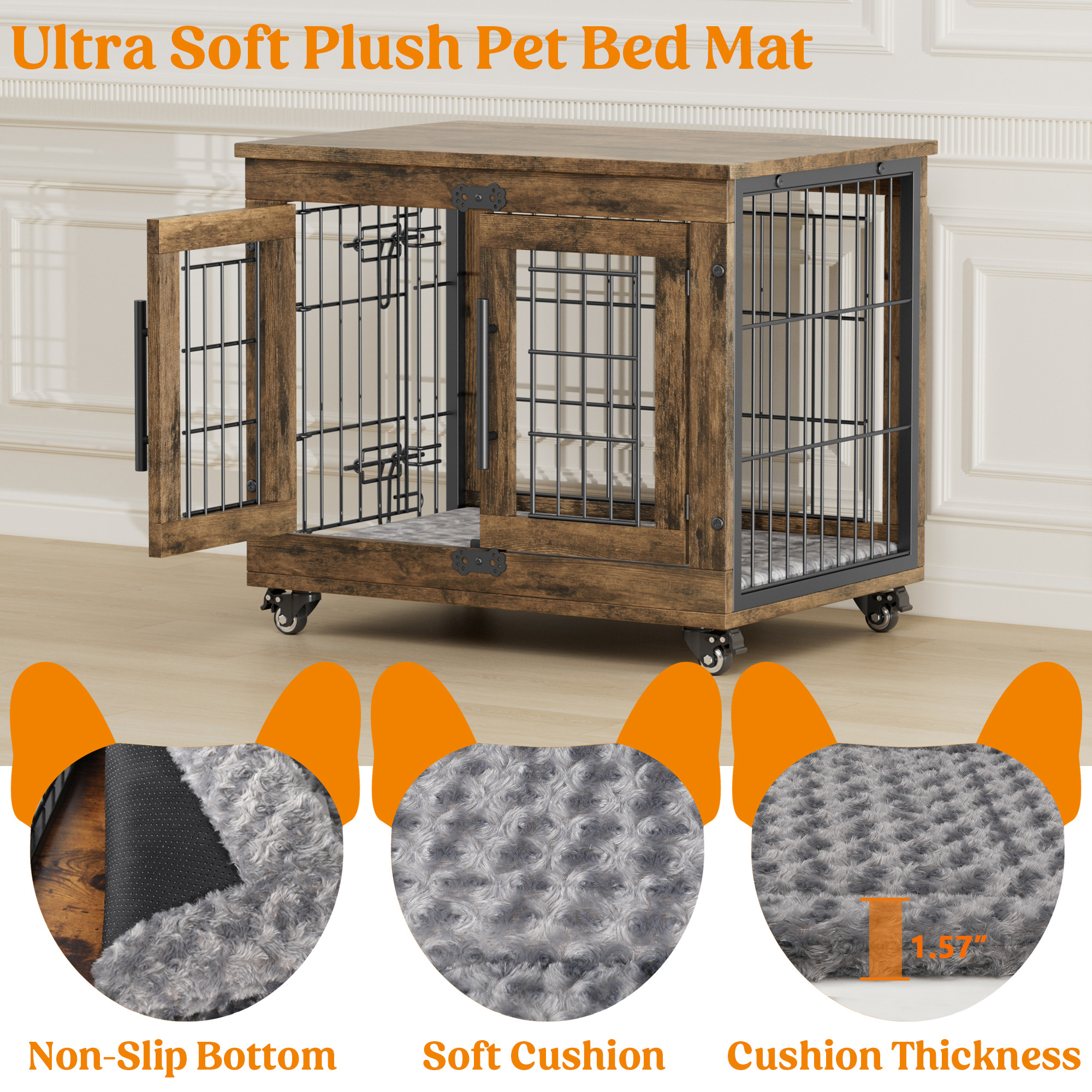 LainTene Wooden Dog Crate Furniture, Double Doors Dog Kennels for Inside with Pads and Wheels, Heavy Duty Dog Cage for Small Dogs, Brown