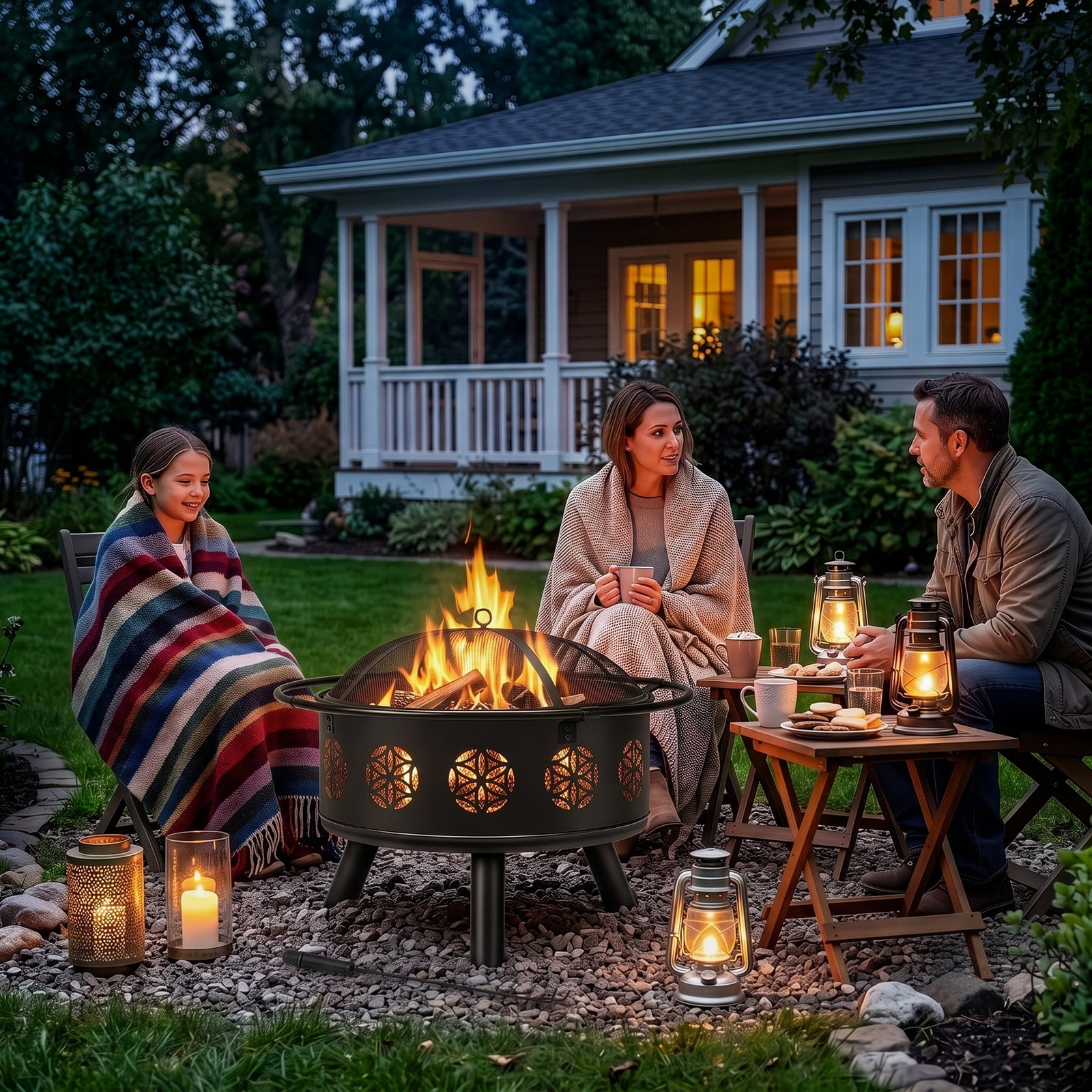 30 Inch Round Outdoor Wood Burning Fire Pit, Heavy Duty Wrought Iron Firepit with Hinged Spark Screen Lid & Lift Ring, Decorative Eternal Flower Cutout Patio Fire Pit for Backyard, Garden, Lawn