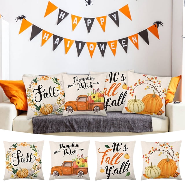 Spring Tree Flower Pillow Covers DecorX Fall Pillow 18×18 Inch Set Of 4 Autumn Pumpkin Pillow Holiday Rustic Linen Pillow Case For Sofa Couch Farmhouse Thanksgiving Fall Decorations Throw Pillow