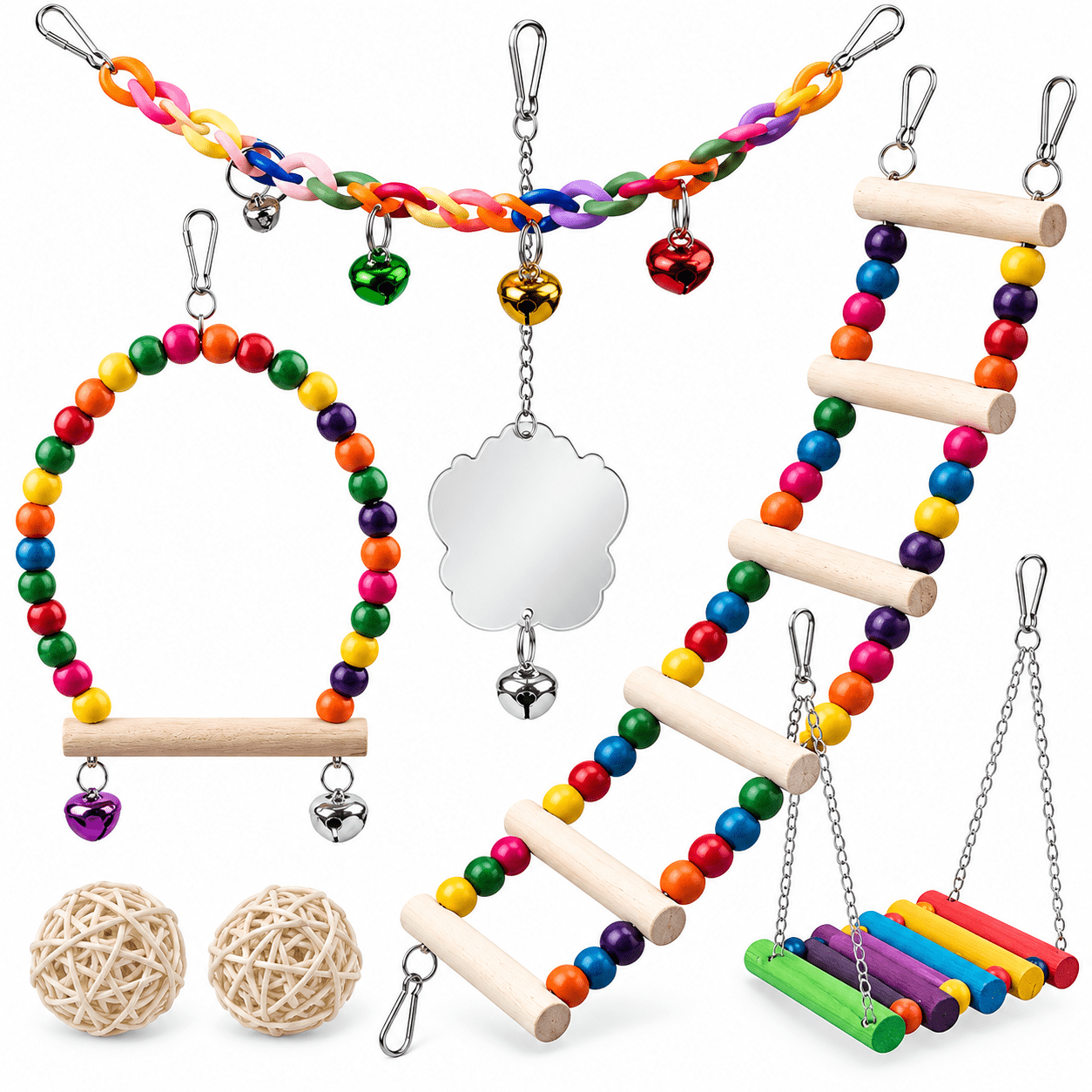 7-Piece Natural Wood Bird Toy Set with 18-Inch Ladder, Perch Swing, Beads and Bells for Parakeets, Budgies, Cockatiels and Conures