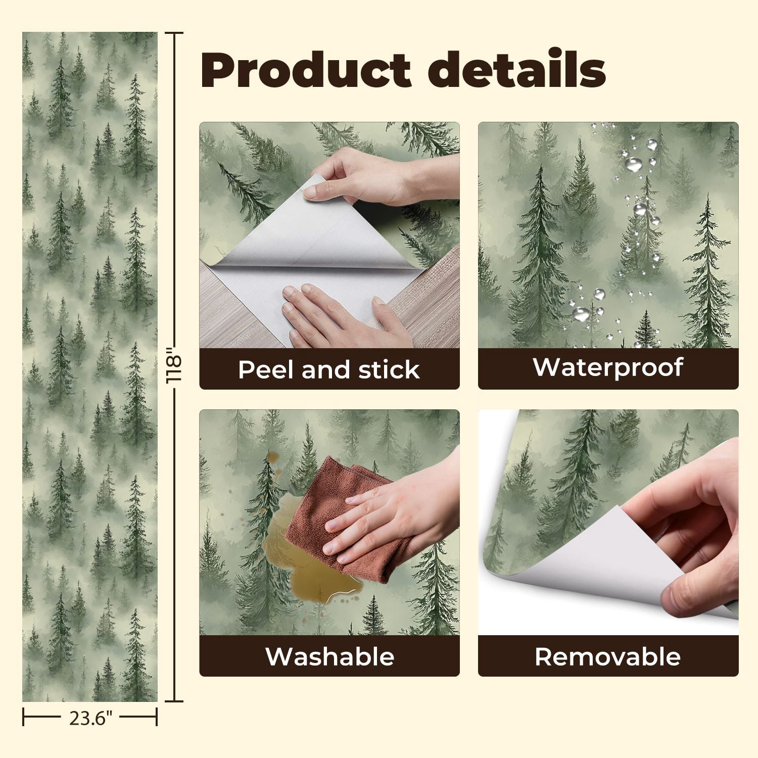 Peel and Stick Wallpaper 23.6in x 9.8ft Misty Botanical Forest Landscape Tall Pine Trees Foggy Contact Paper Vinyl Waterproof Self Adhesive Wall Paper for Bedroom Shelf Cabinet Renter Friendly