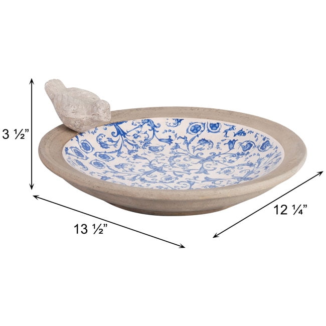 Esschert Design USA Ceramic Birdbath, 12.6 inches, Blue/White