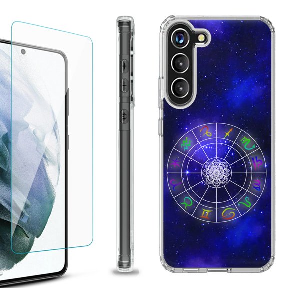 Shockproof Bumper Phone Case for Samsung Galaxy S23 5G, with Tempered Glass Screen Protector, by OneToughShield ® - Zodiac / Horoscope