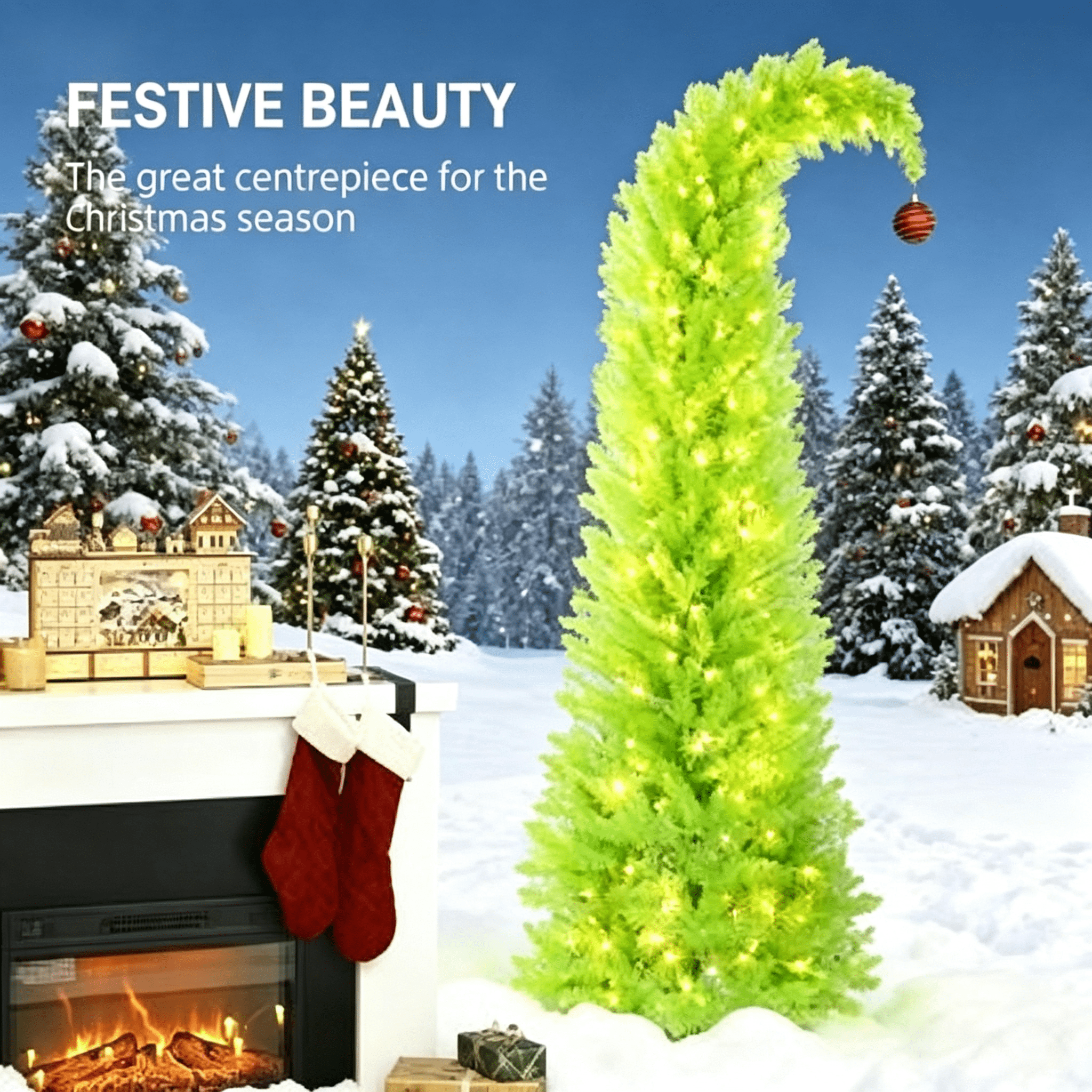 72 in Whimsical Christmas Tree, Pencil Xmas Tree with Red Ball, Metal Base, Prelit with 230 LED Lights
