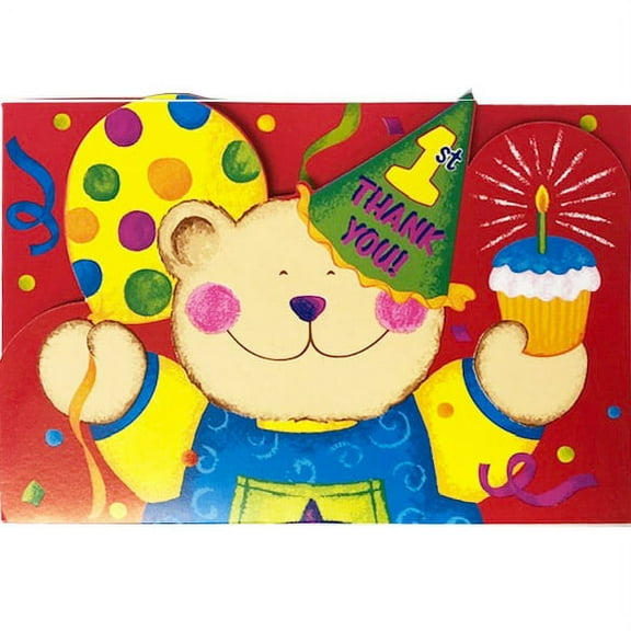 1st Birthday Baby Bear Blue Thank You Notes w/ Envelopes (8ct)