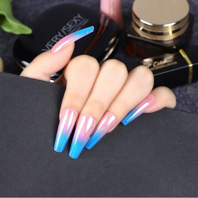 24 uñas postizas extralargas de bailarina, uñas postizas de color degradado, uñas acrílicas largas, puntas de uñas artificiales con purpurina, cobertura completa, uñas postizas para salón de uñas DIY