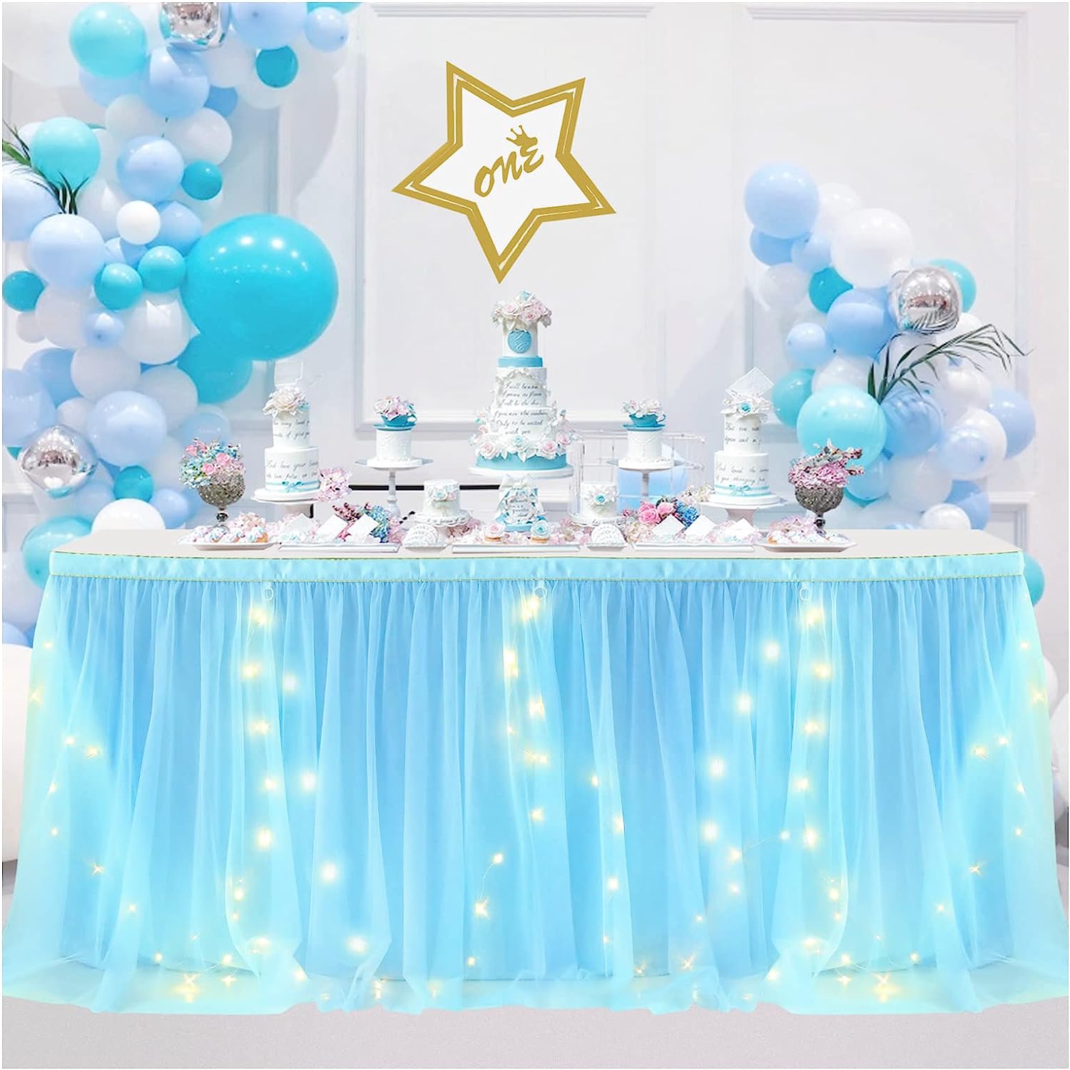 IMMEKEY 6FT Baby Blue Table Skirt with Light, Tulle Table Skirt for