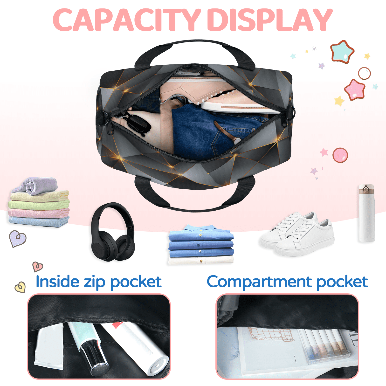 Herdesigns Black Travel Duffle Bag Sports Yoga Weekender Overnight Carry on Workout Bags Lightweight Waterproof Gym Tote Bag for Women Modern Mid Century Abstract Geometric