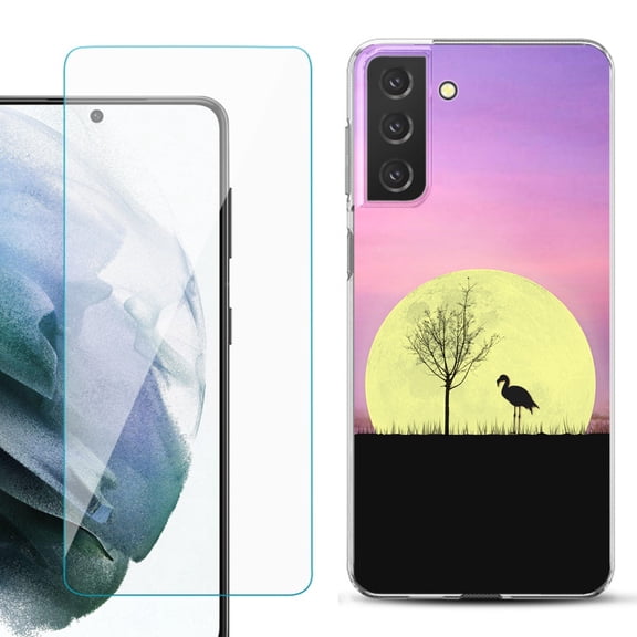 Slim-Fit TPU Fashion Phone Case for Samsung Galaxy S21 FE 5G Fan Edition, with Tempered Glass Screen Protector, by OneToughShield ® - Moonlight Flamingo