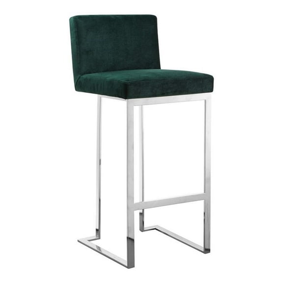 Pemberly Row 30" Modern Velvet & High Polished Steel Bar Stool in Green