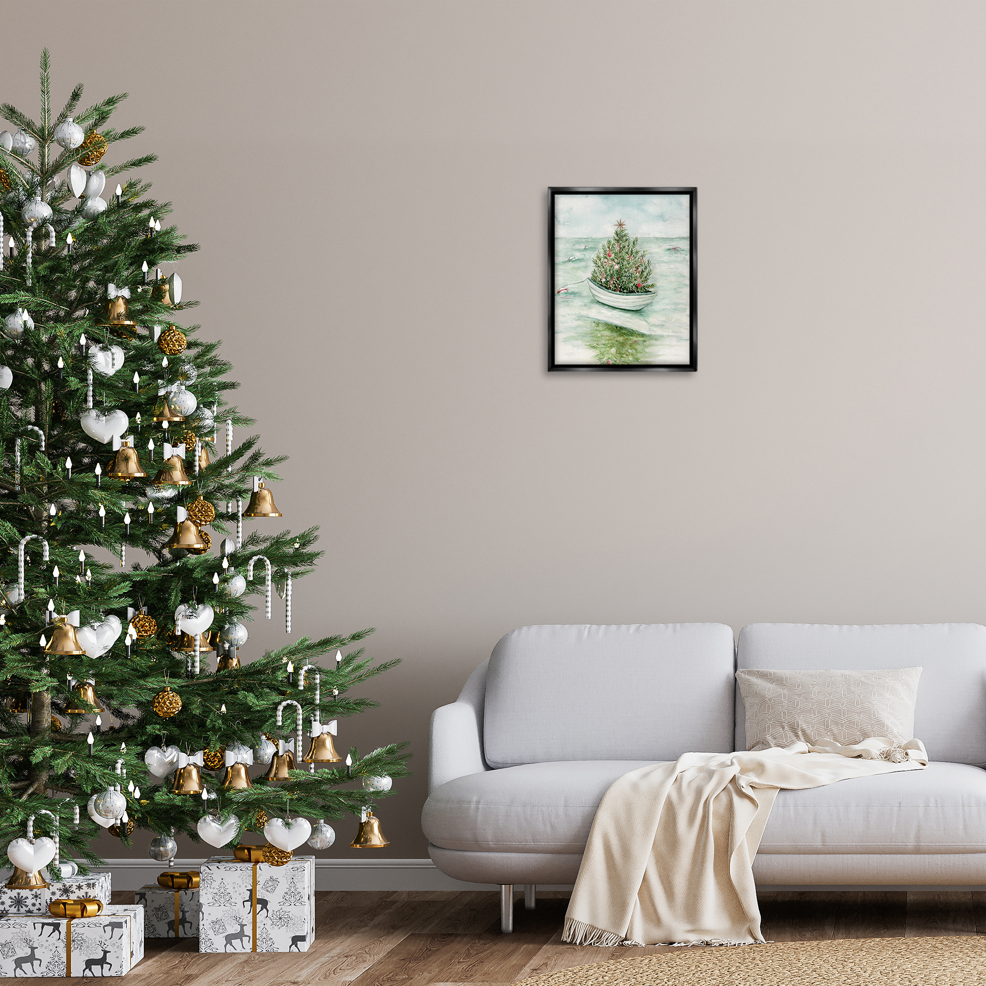 Stupell Industries Beachy Christmas Tree Holiday Painting Black Floater Framed Art Print Wall Art, 17 x 21