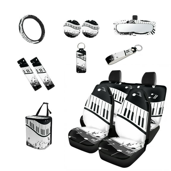 Jeiento Music Note Car Accessories Sets with Car Seat Covers Steering Wheel Cover Seatbelt Shoulder Pad Trash Can Auto Rear View Mirror Covers Coasters Keychain Lipstick Holder 13 PCS Car Decor