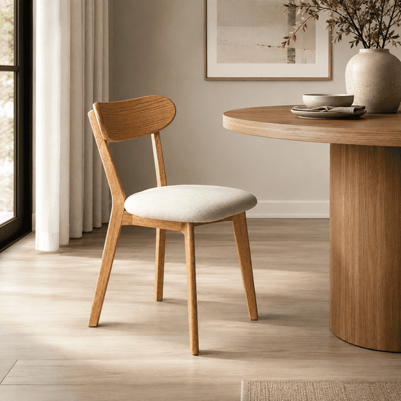 Homy Casa Solid Oak Dining Chair, FAS Grade Upholstered Wooden Kitchen Side Chair with Curved Backrest, Natural White